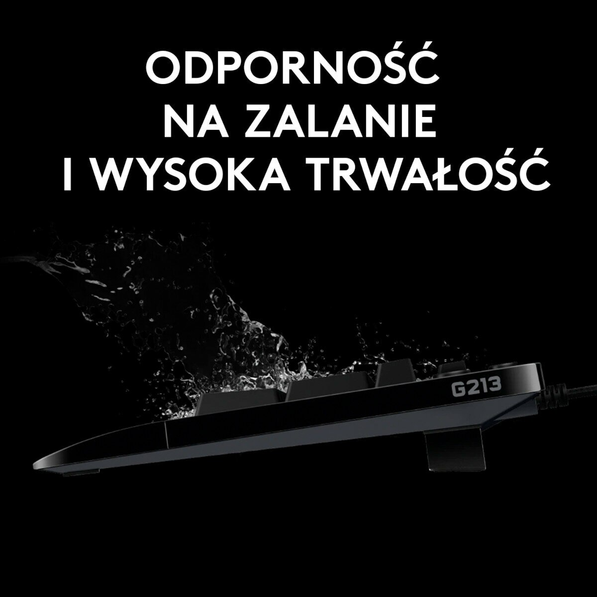 Czarna klawiatura z efektem rozprysku wody. Tekst mówi 'Odporność na zalanie'.
