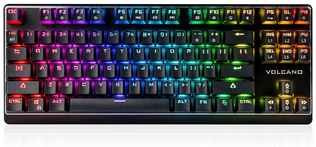 Czarna klawiatura mechaniczna z podświetleniem LED w tęczy.