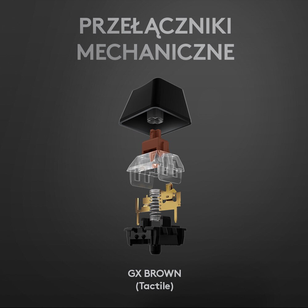 Widok rozstrzelony przełącznika klawiatury mechanicznej. Pokazano nakładkę na klawisz, trzpień i sprężynę, z tekstem.