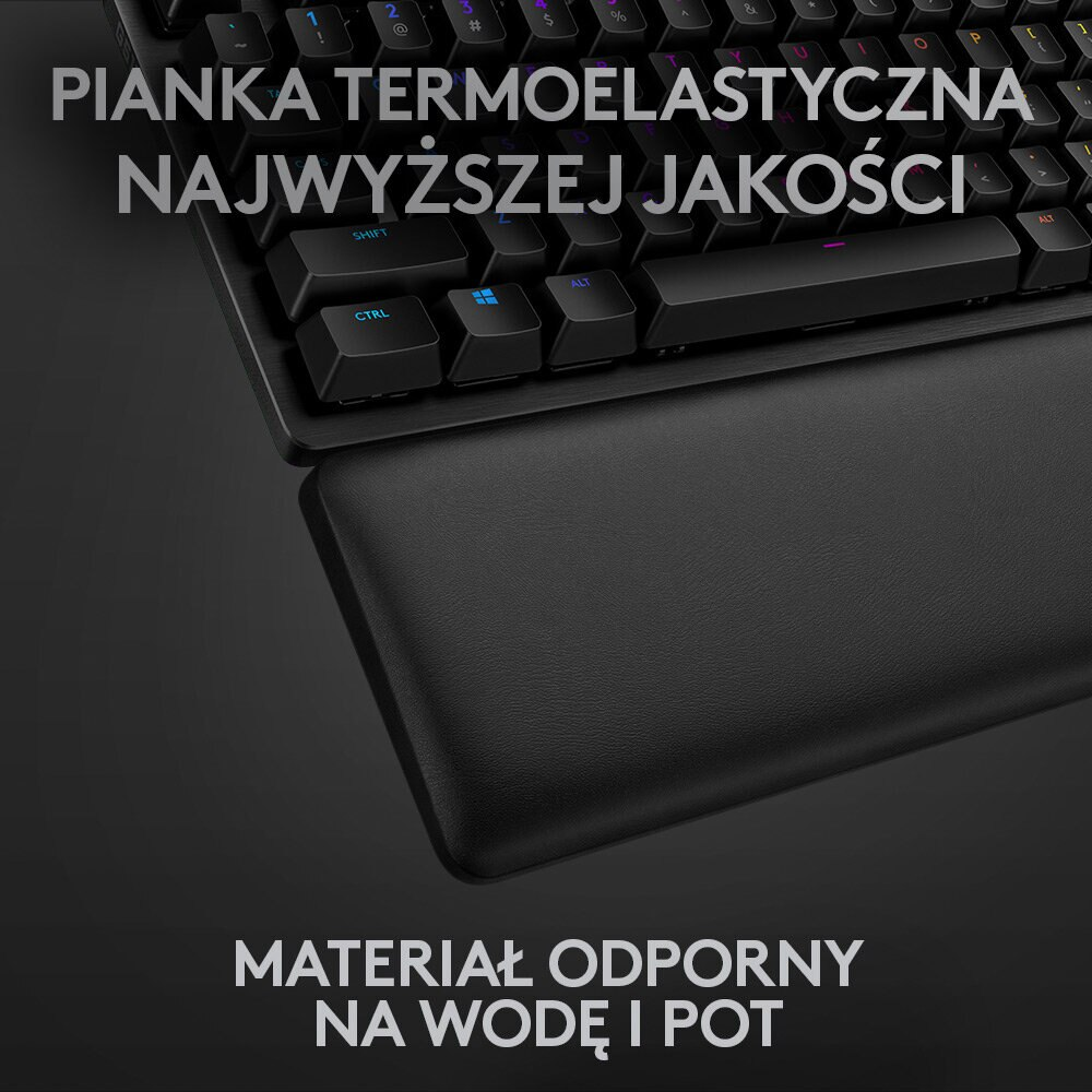 Czarna klawiatura z podpórką pod nadgarstek. Tekst: Termoelastyczna pianka najwyższej jakości. Materiał odporny na wodę i pot.