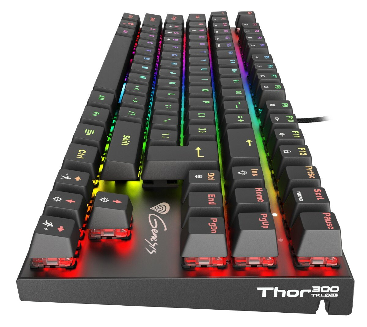 Czarna klawiatura z podświetlanymi klawiszami, z czerwonymi, niebieskimi i zielonymi światłami.