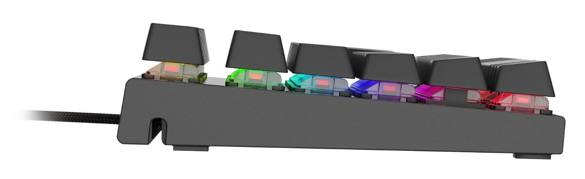 Zbliżenie czarnej klawiatury z podświetlanymi klawiszami, białe tło.