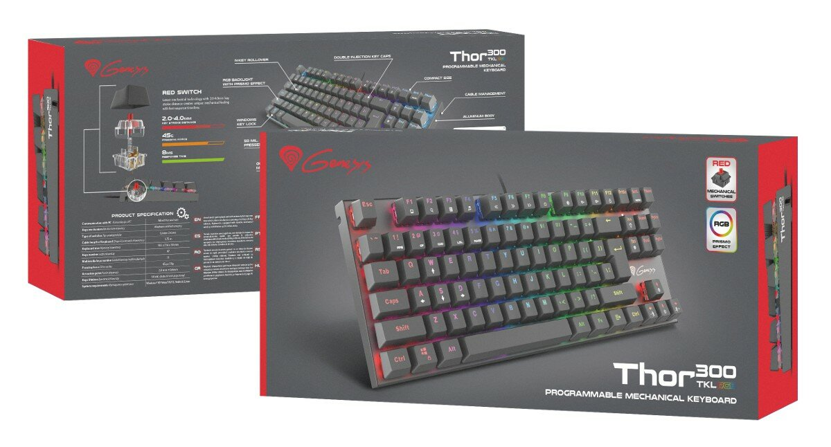 Pudełko klawiatury. Czarne i czerwone. Szczegóły produktu i obraz klawiatury. Białe tło.