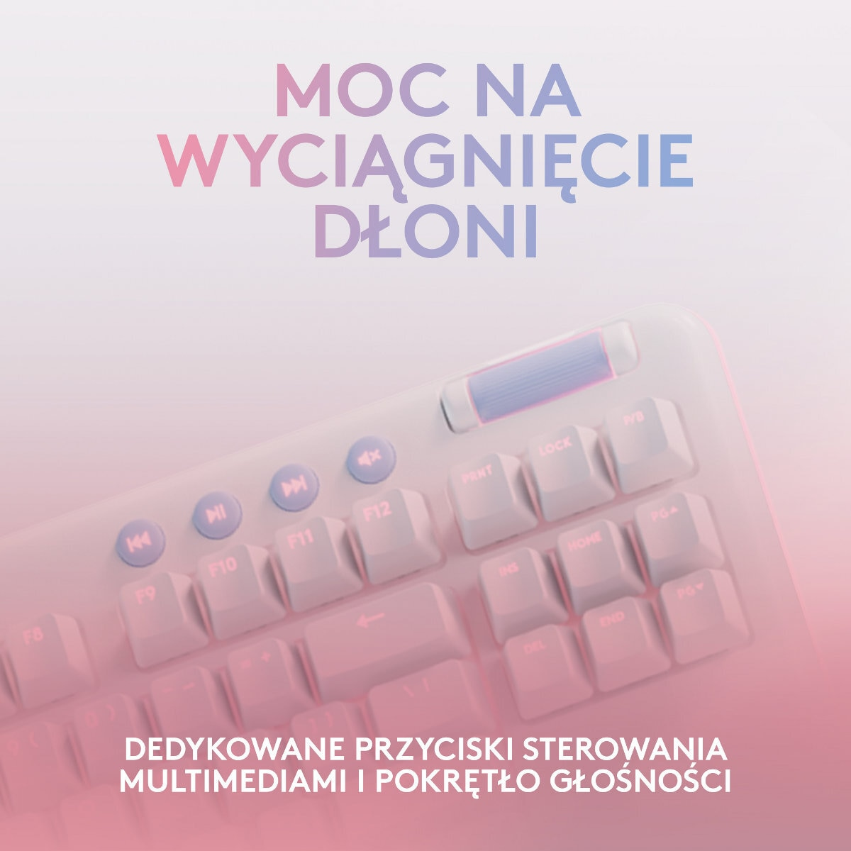 Zbliżenie na różowo-białą klawiaturę z klawiszami multimedialnymi. Tekst po polsku.