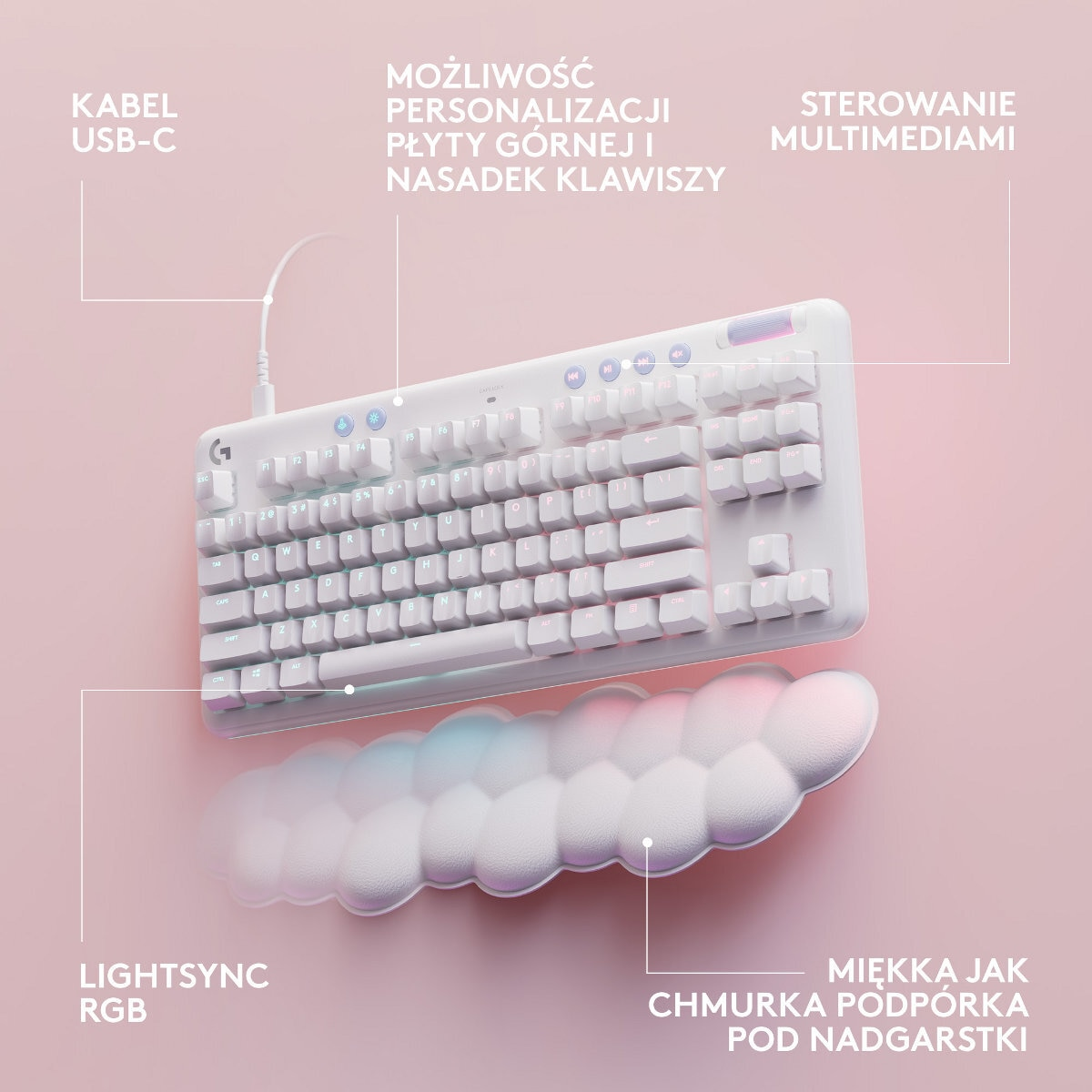 Biała klawiatura z podpórką pod nadgarstek, kablem USB-C. Funkcje: lightsync RGB, kontrola multimediów i personalizacja klawiszy.