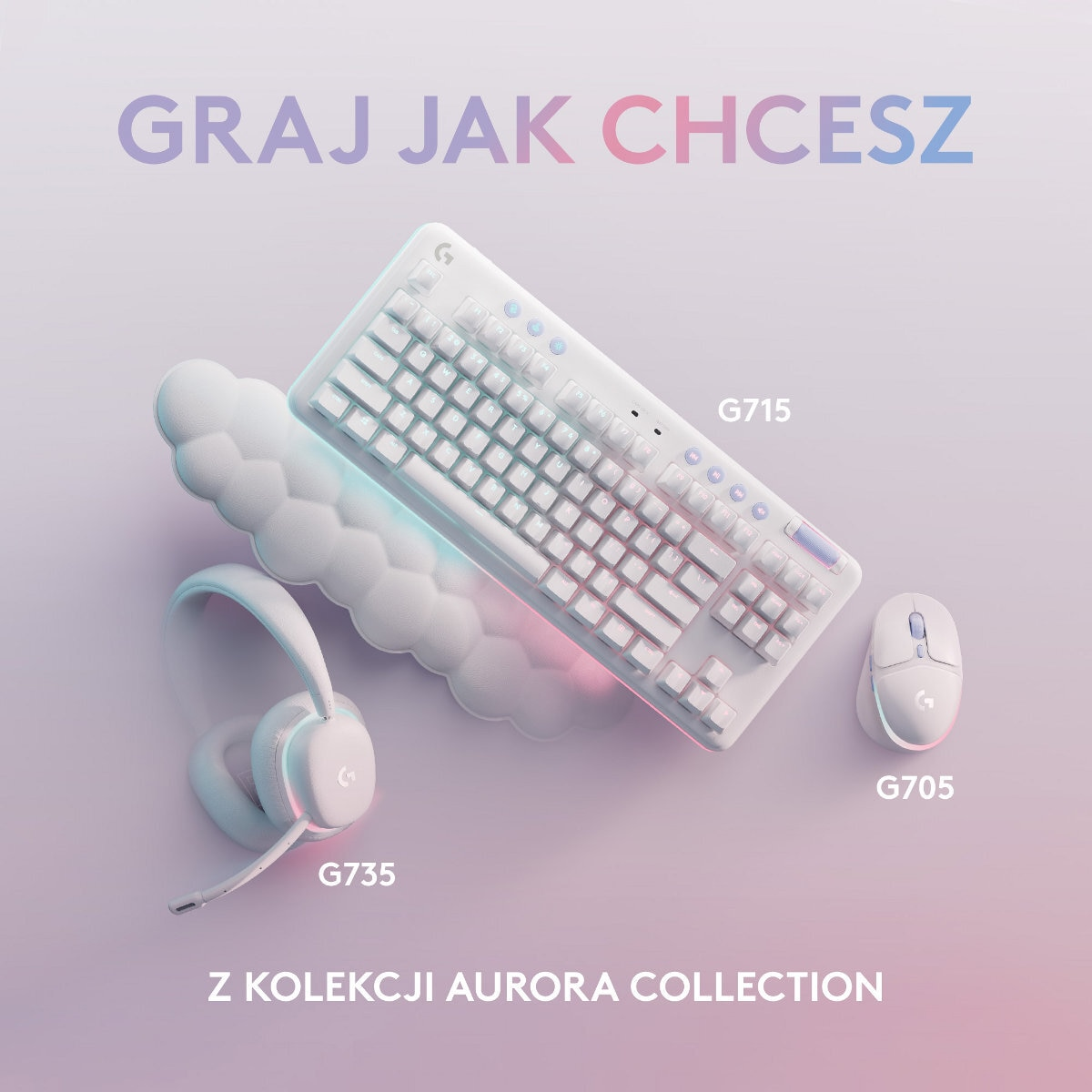 Białe peryferia do gier, w tym klawiatura, słuchawki i mysz.