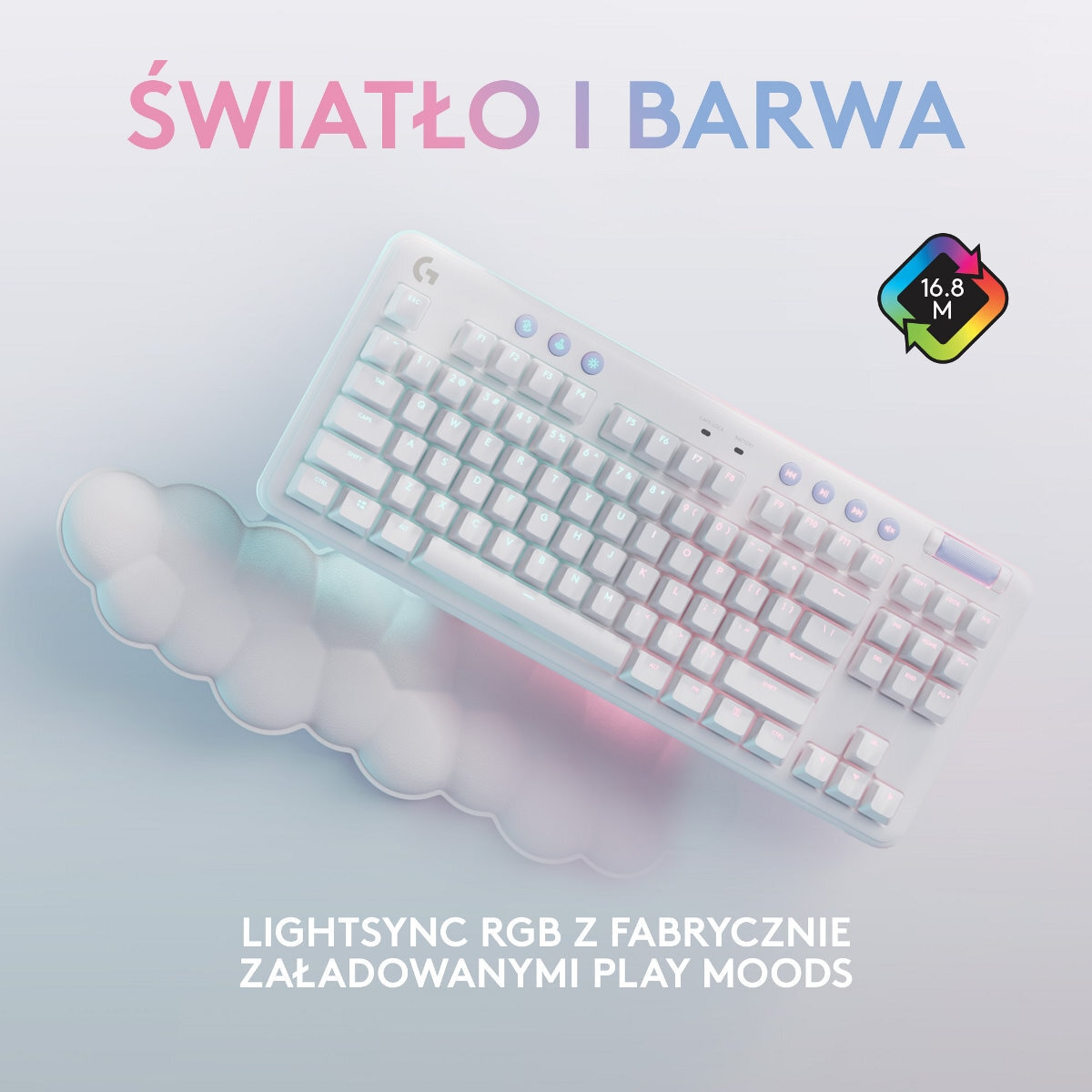 Biała klawiatura z chmurą, światłami i kolorowym tekstem.