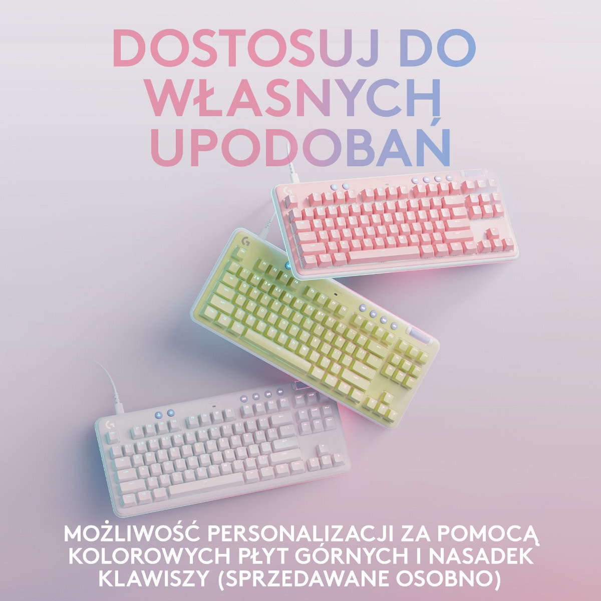 Trzy kolorowe klawiatury mechaniczne z polskim hasłem o personalizacji.