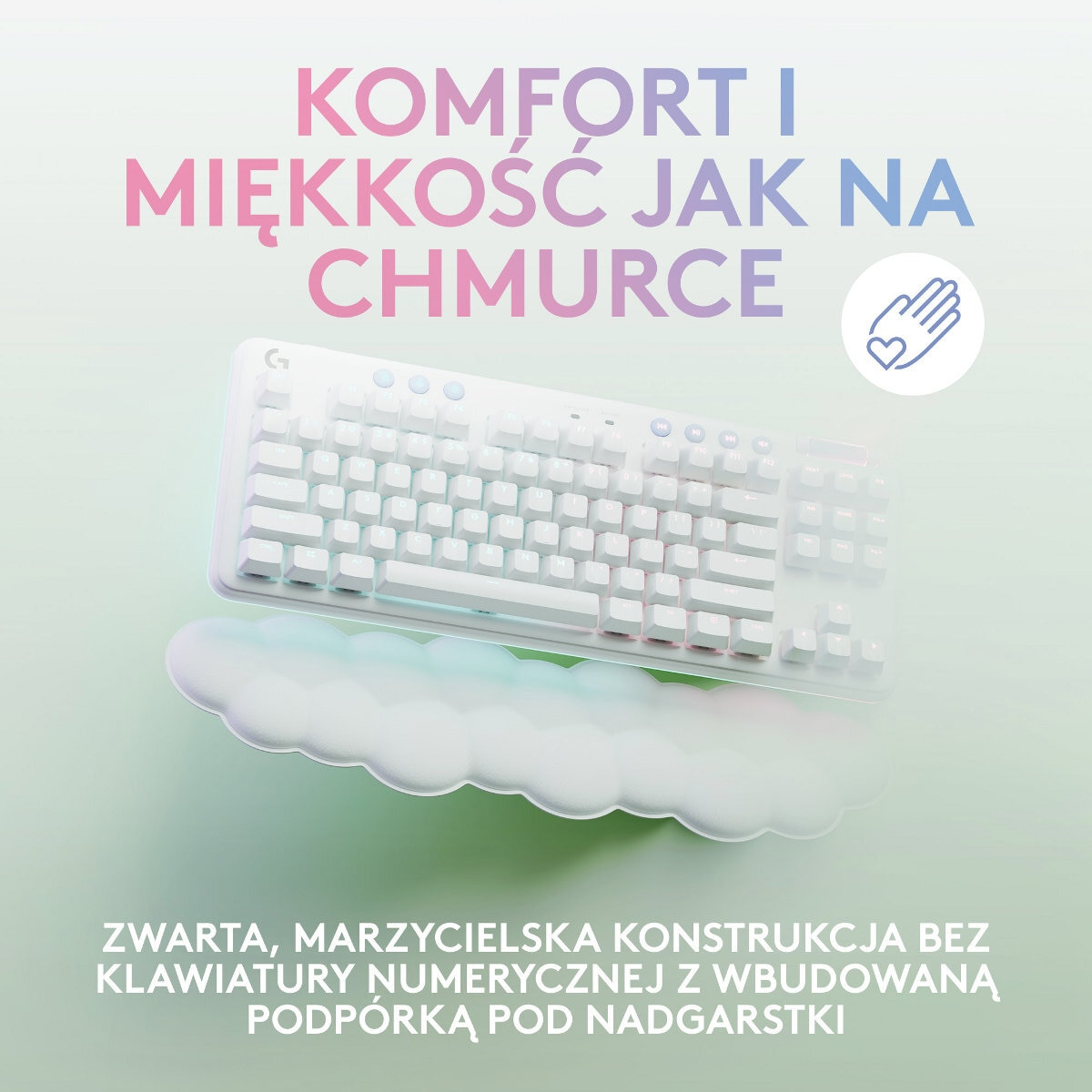 Biała klawiatura na podpórce pod nadgarstek w kształcie chmury. Zielono-niebieski gradient.