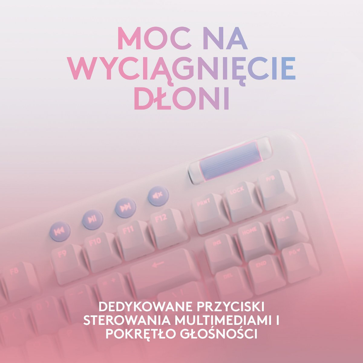 Zbliżenie różowo-białej klawiatury z różowym i fioletowym tekstem.