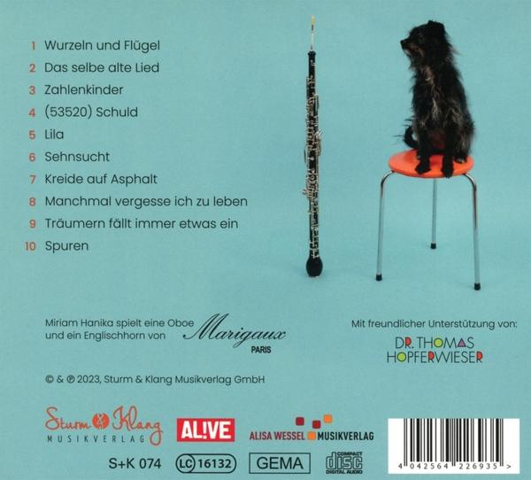 CD-Cover mit deutschem Text, Titeln und Foto von Oboe und Hund.