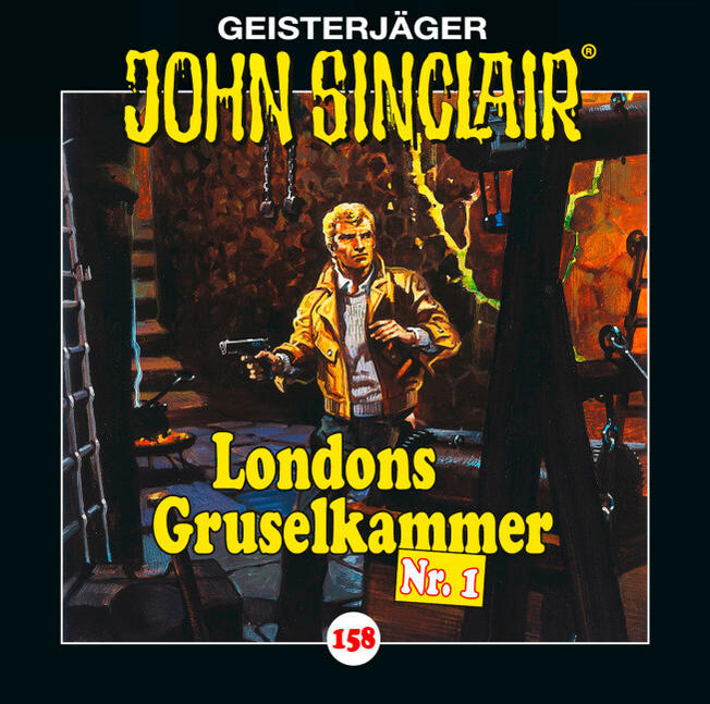 Buchcover: John Sinclair mit einer Waffe in dunkler, illustrierter Umgebung.