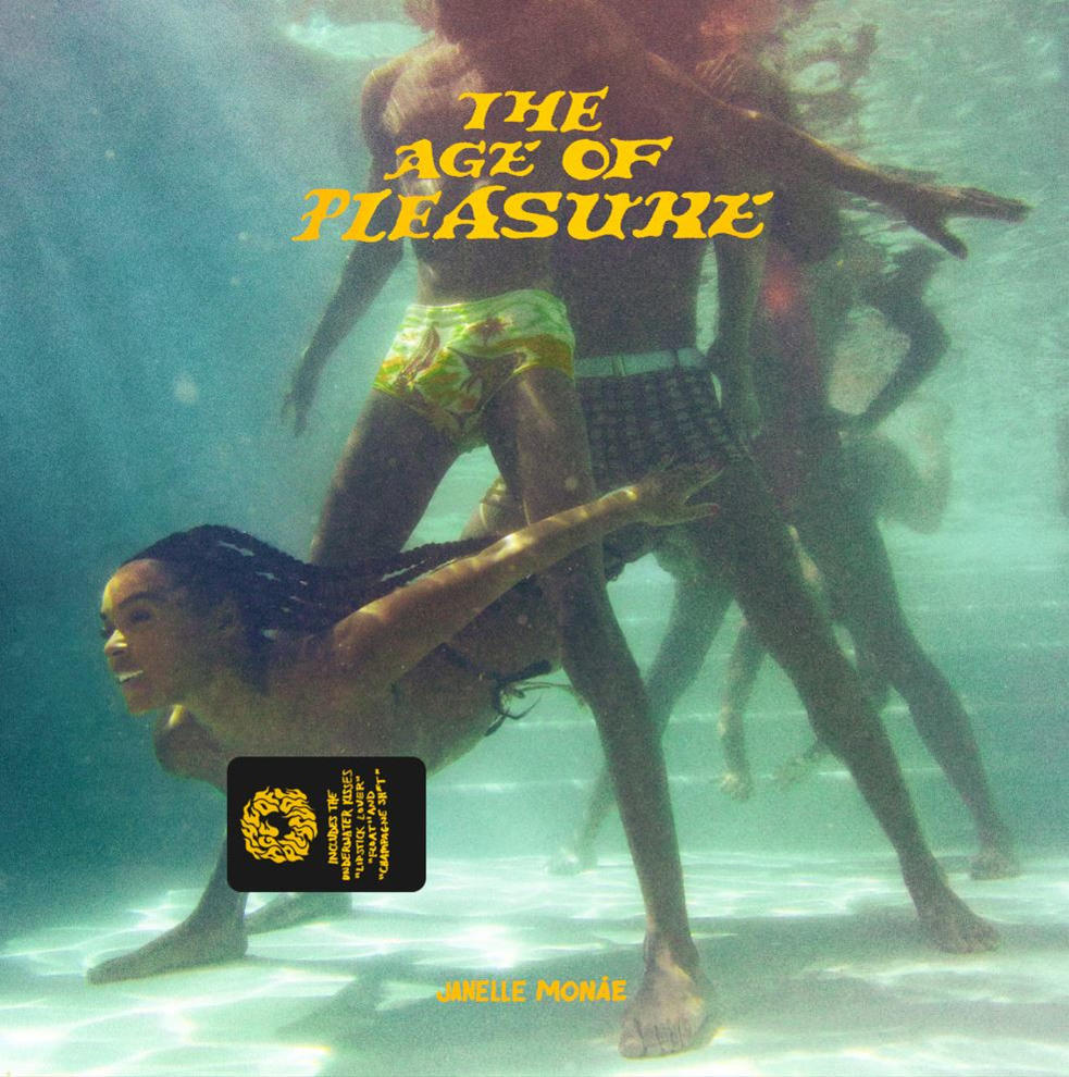 Albumcover. Menschen sind unter Wasser. Der Titel 'The Age of Pleasure' ist in gelber, stilisierter Schrift geschrieben.
