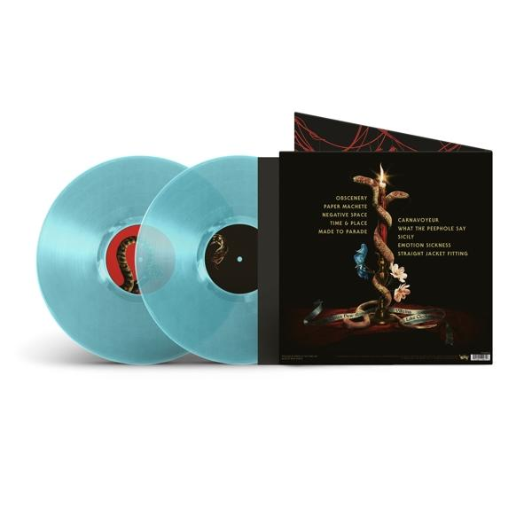 Zwei hellblaue Vinylplatten in Hüllen.  Text und Grafiken auf dem Albumcover sind sichtbar.