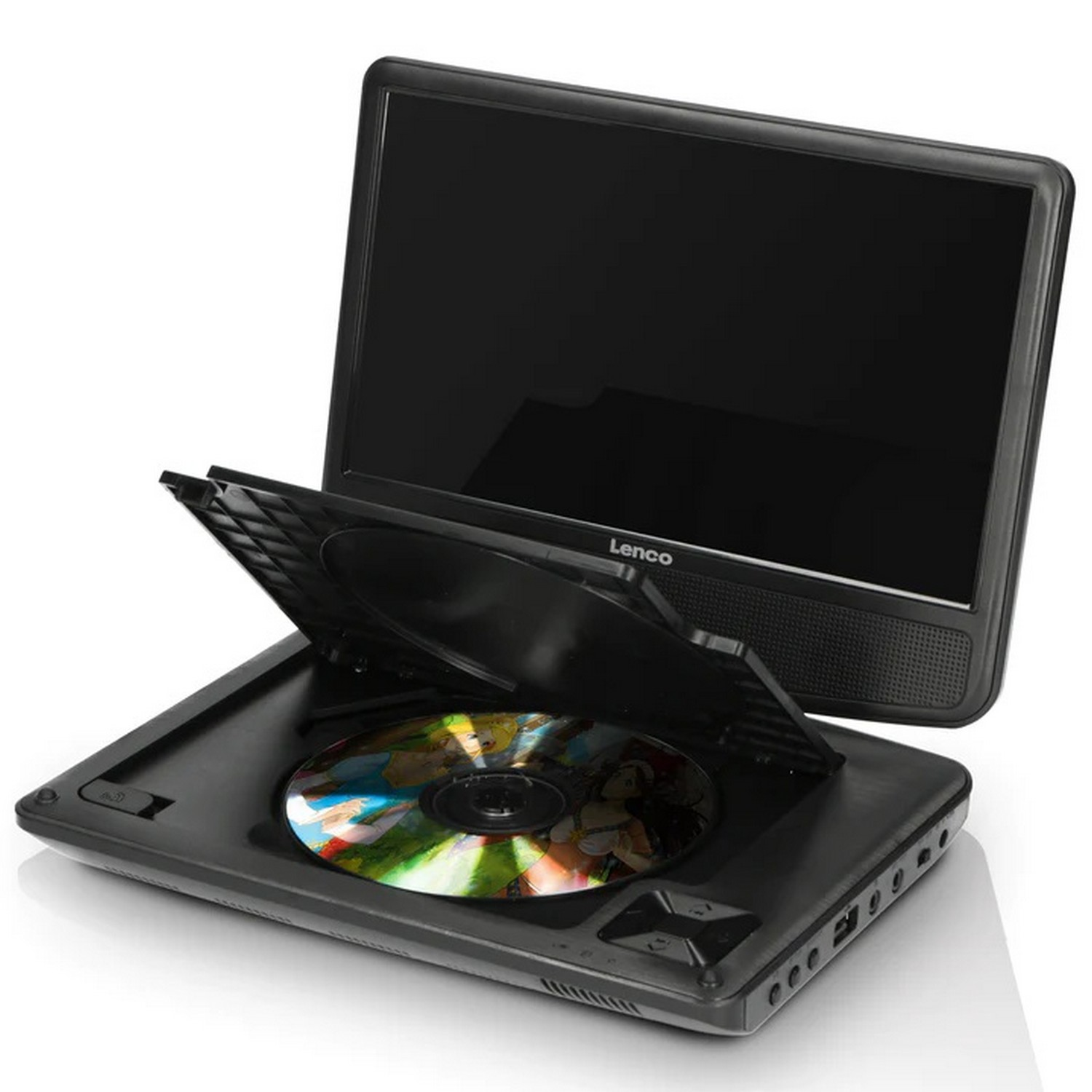 Een zwarte draagbare dvd-speler met het scherm open en een schijfje erin.