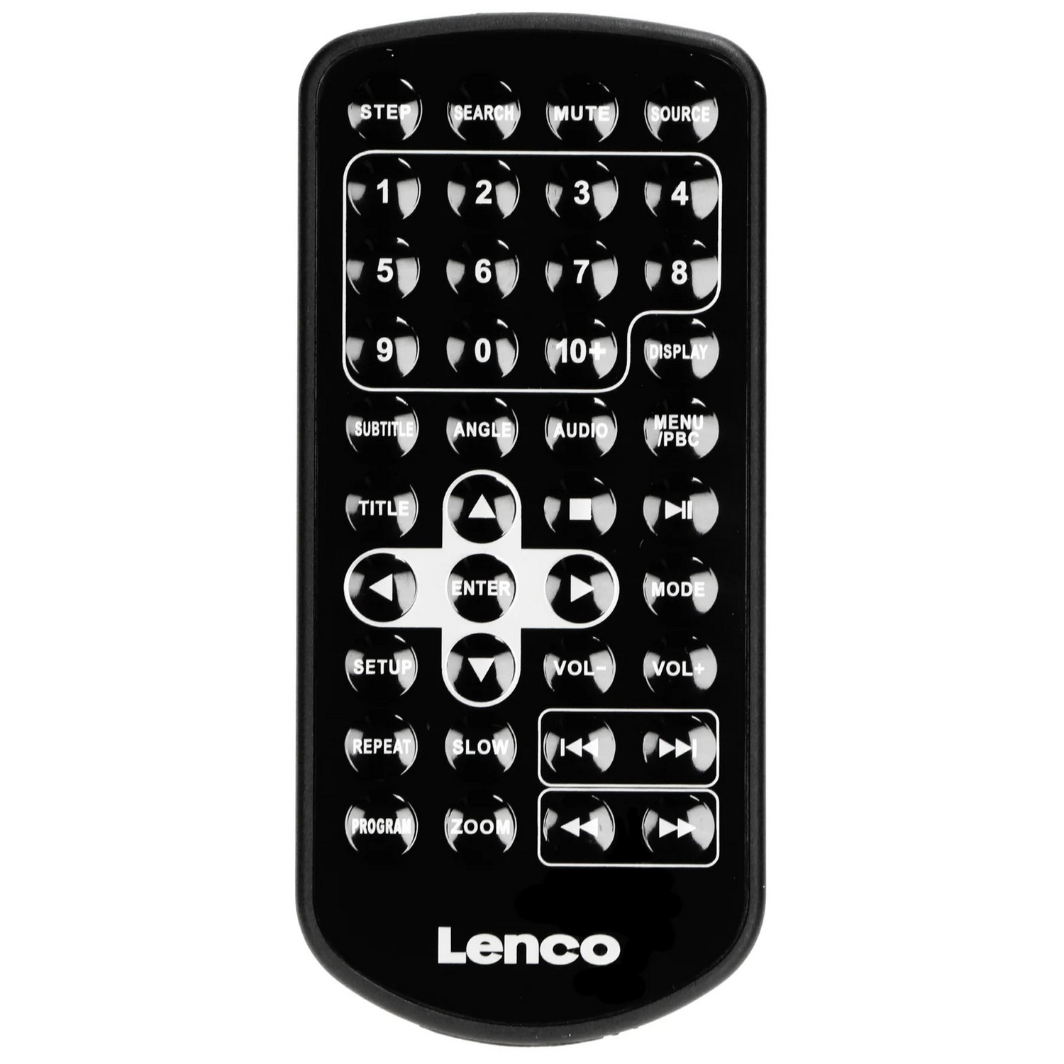 Zwarte Lenco afstandsbediening met diverse knoppen, geplaatst tegen een witte achtergrond.