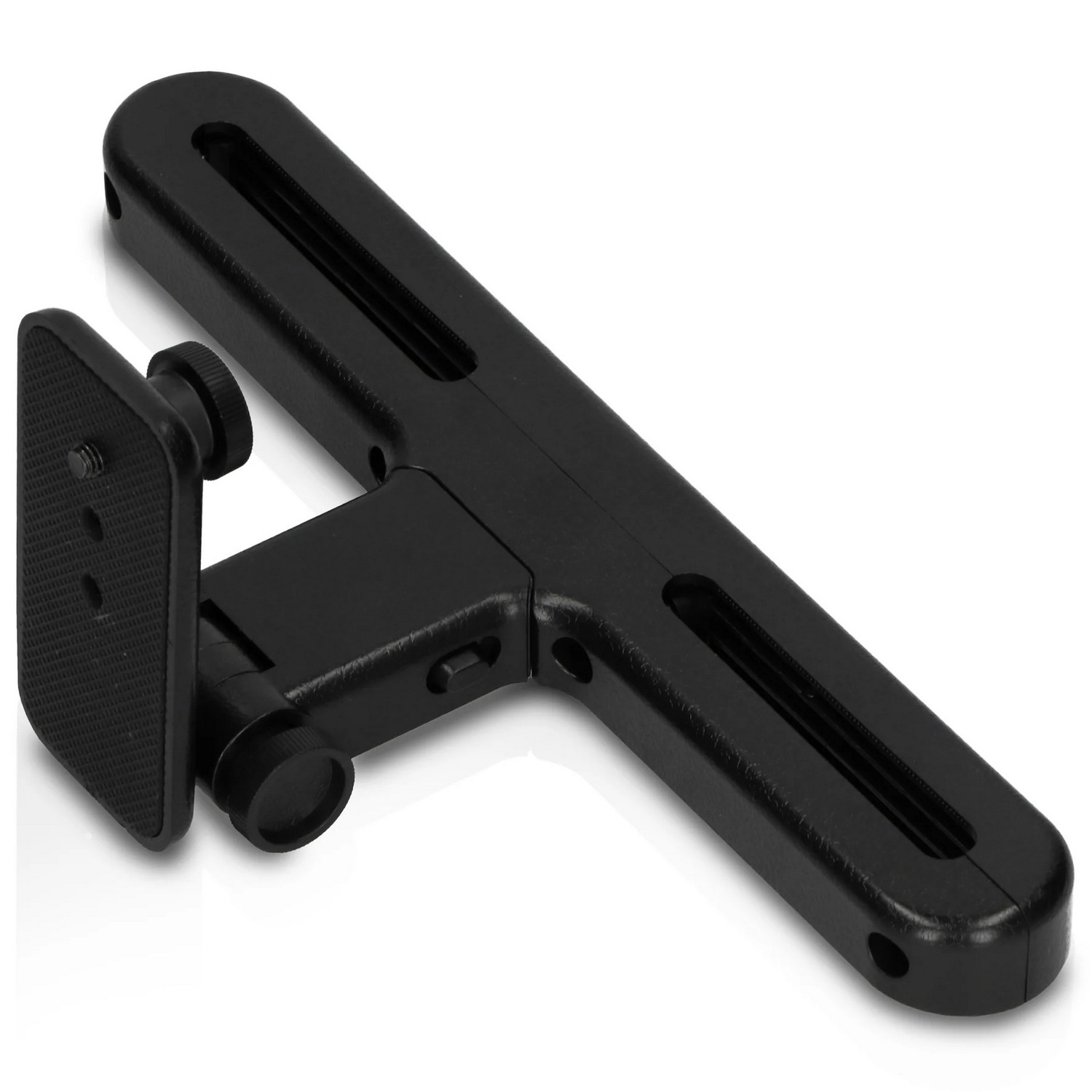 Zwarte camerabeugel met platte basis en verstelbare arm.