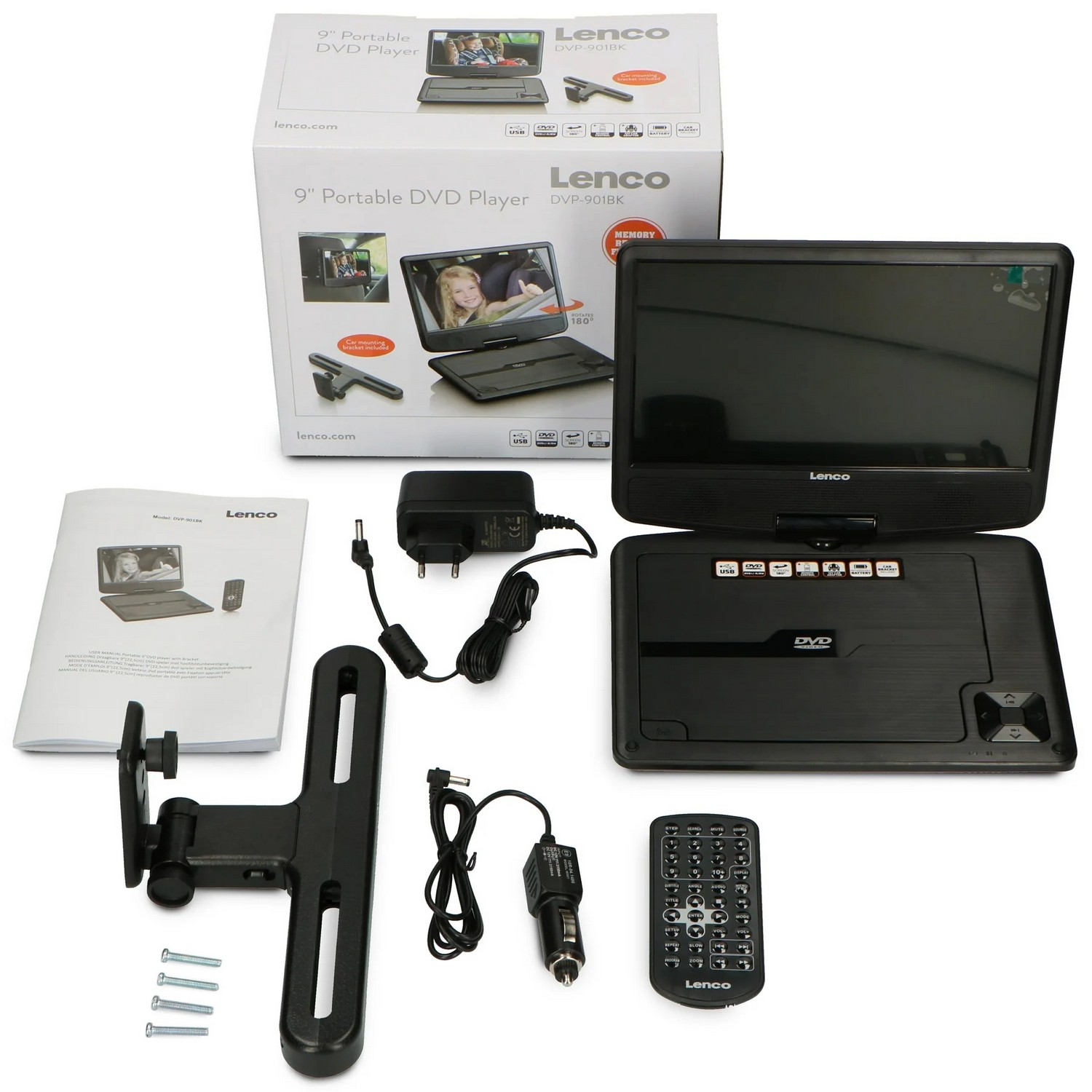Draagbare dvd-speler met accessoires en doos op een wit oppervlak.