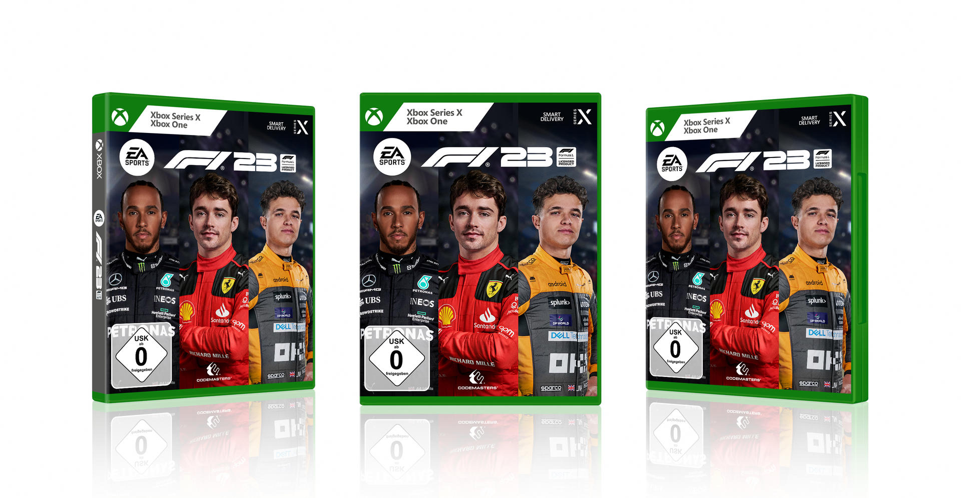 Drei Spielboxen werden gezeigt. Das Spiel heißt 'F1 23' für Xbox Series X und Xbox One.