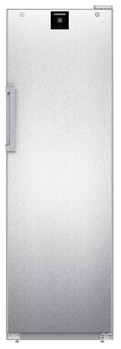 Ein schlanker, hoher Liebherr-Kühlschrank aus Edelstahl mit Digitalanzeige oben.