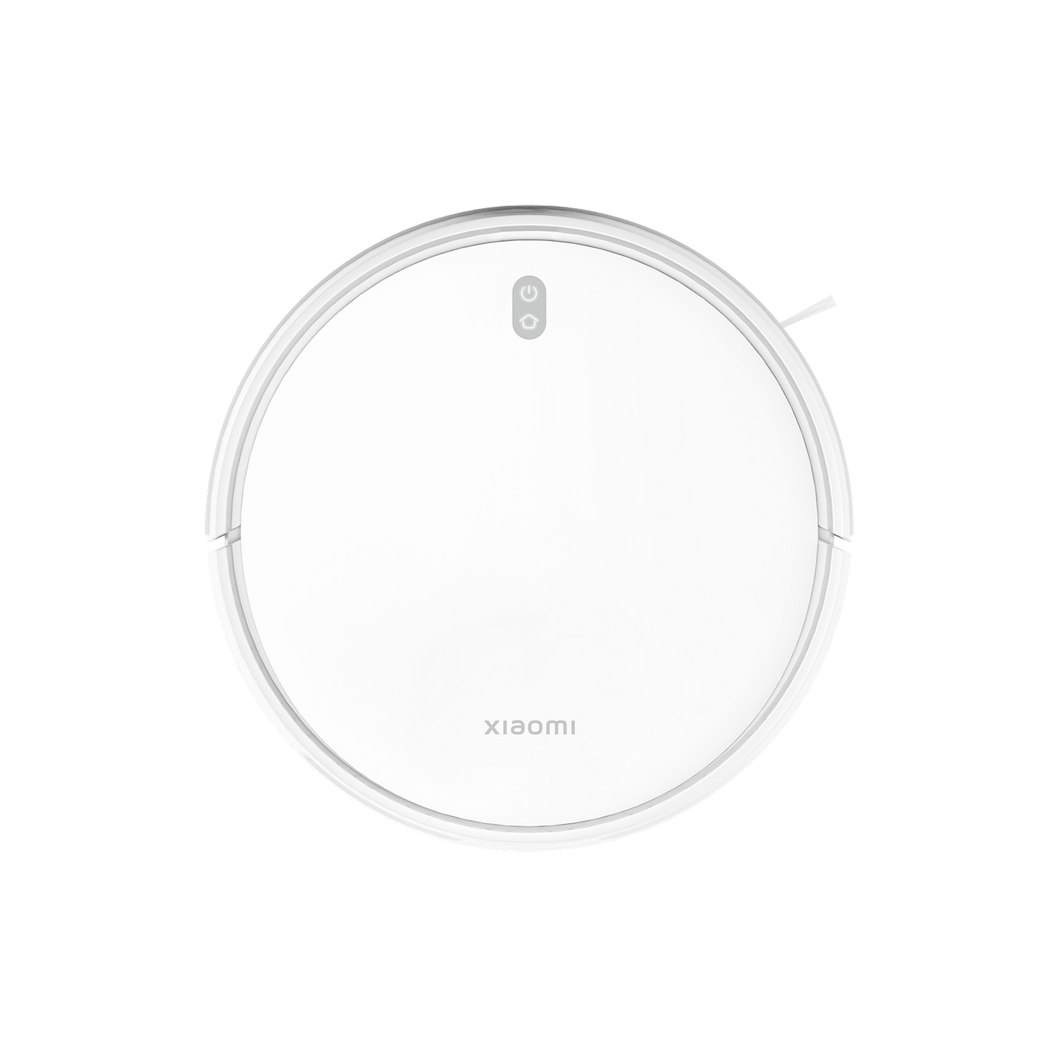 Una aspiradora robot redonda blanca, vista superior, con el logotipo de Xiaomi, aislada sobre fondo negro.
