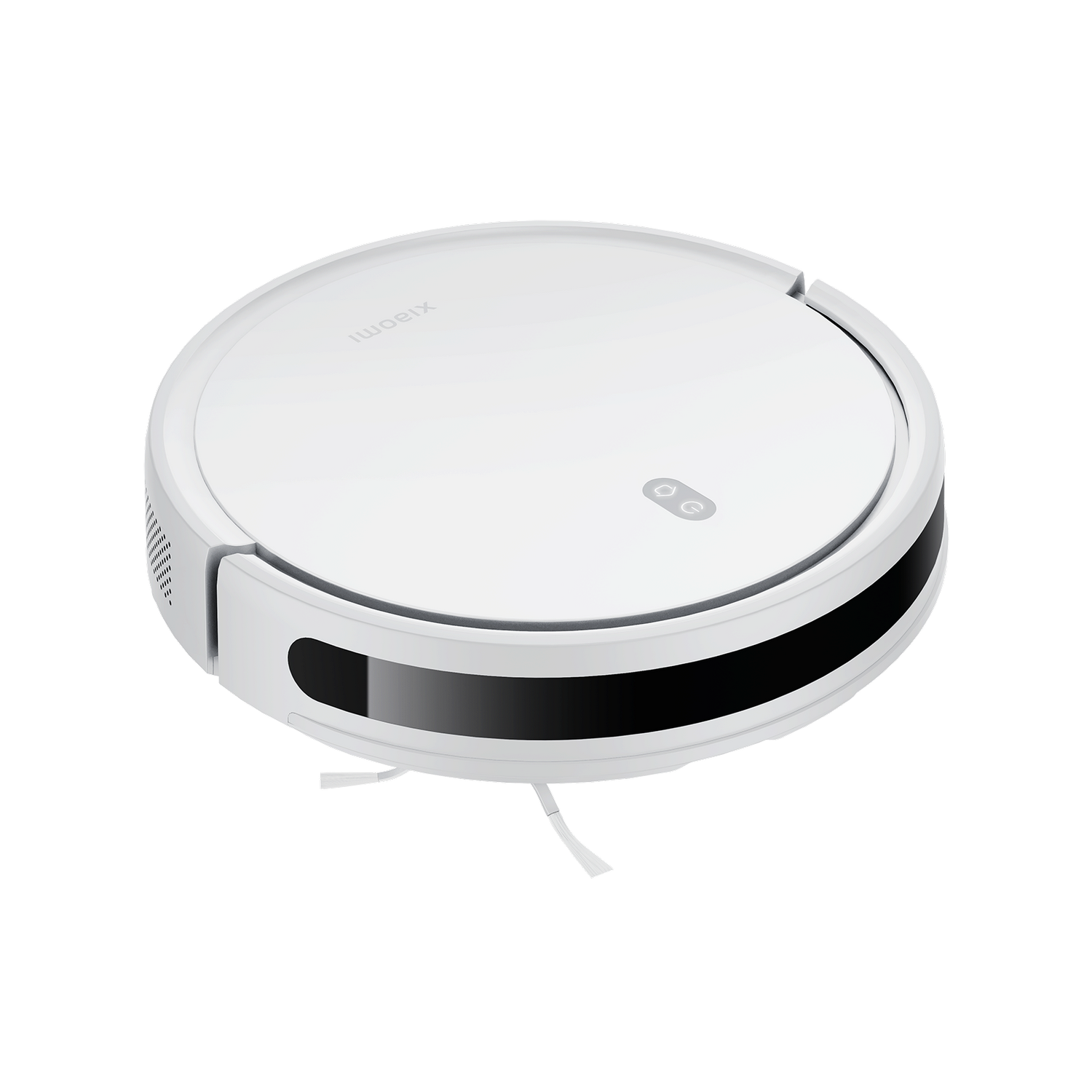 Una aspiradora robot Xiaomi blanca sobre fondo gris. Tiene forma redonda con una franja negra y dos cepillos.