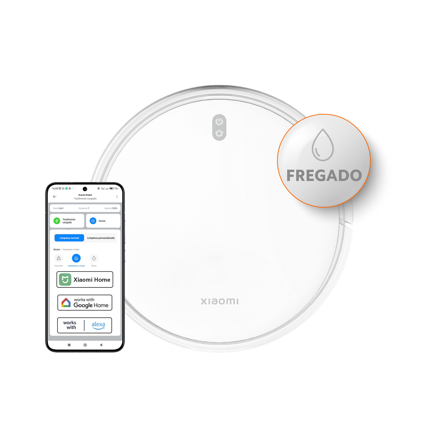Aspiradora robot Xiaomi blanca, un smartphone con interfaz de aplicación y un icono de botón 'Fregado'.