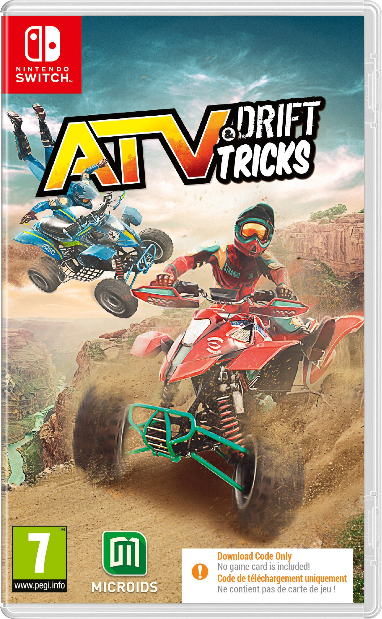 Okładka gry wideo z ATV i Drift Tricks oraz ludźmi jeżdżącymi na quadach.