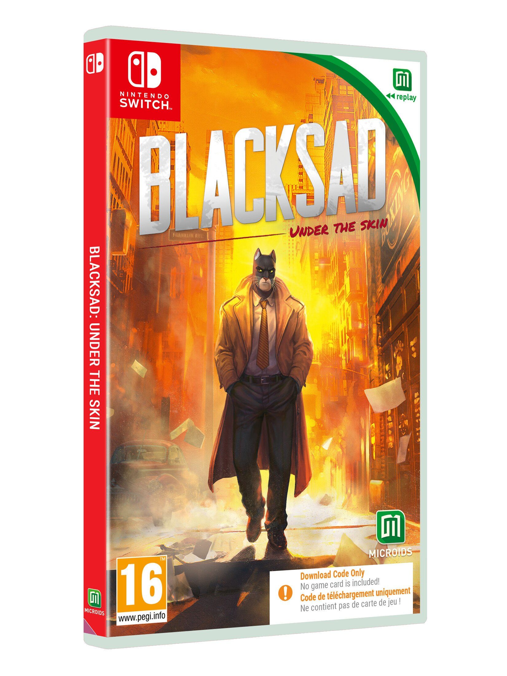 Pudełko z grą Blacksad: Under the Skin, przedstawiające postać kota w miejskiej scenerii.