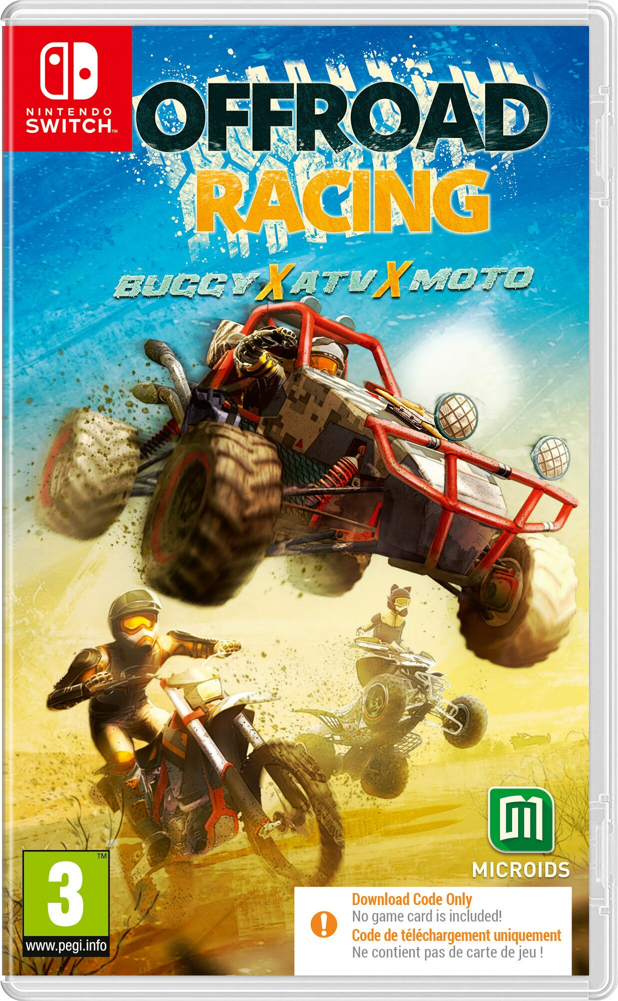 Pudełko z grą Nintendo Switch. Tytuł to OFFROAD RACING, Buggy XATV X MOTO, z pojazdami wyścigowymi.