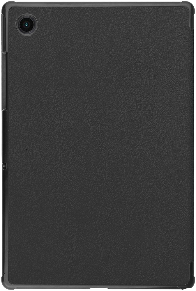 A black tablet with a rear camera and a leather-like texture, in a protective case.