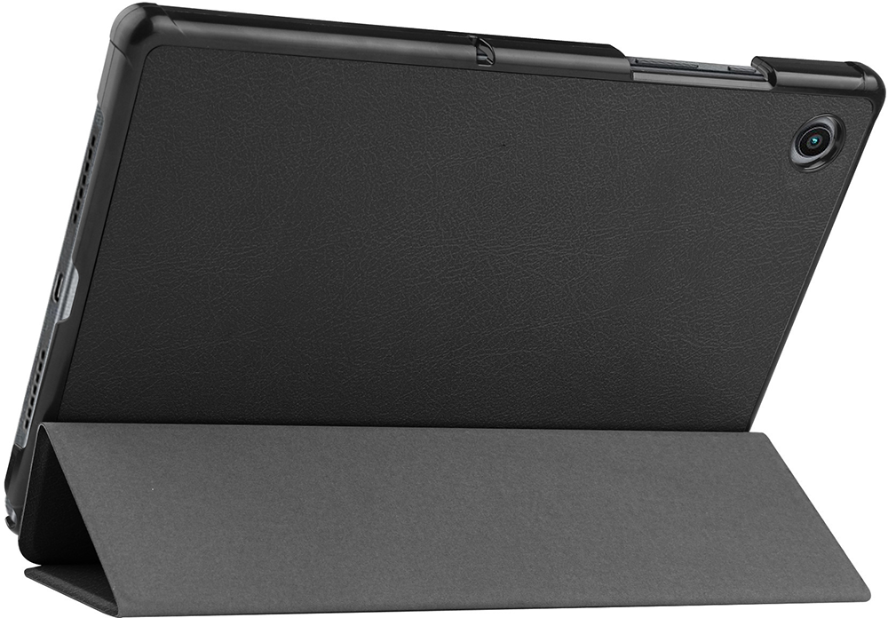Black tablet with a case. The case props the tablet up for viewing.