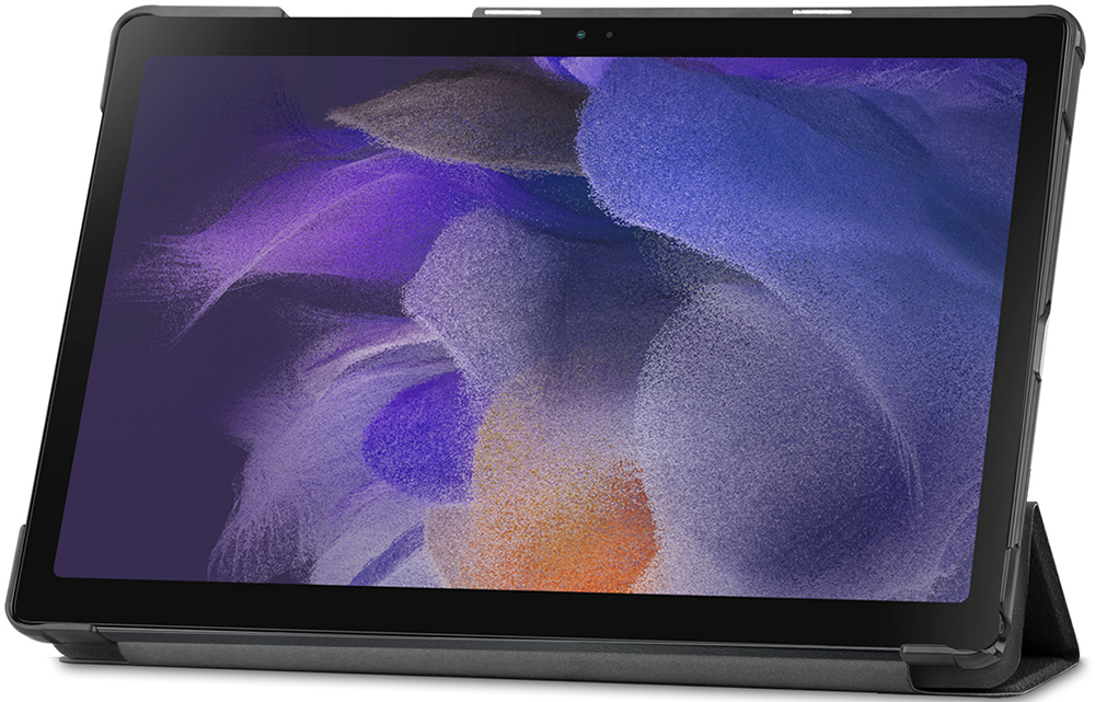 A tablet with a black case, showing an abstract purple and blue image on the screen.