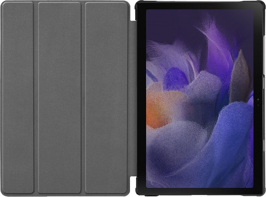 A tablet in a grey case, open to reveal the screen with a colorful background.