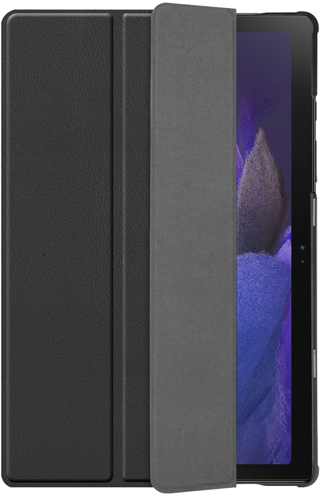 Black tablet with a black cover partially covering the screen, the cover is open.