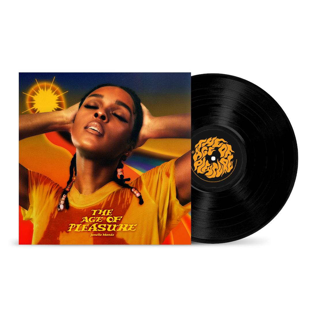 Albumcover und schwarze Vinyl-Schallplatte, Janelle Monáe, 'The Age of Pleasure'.