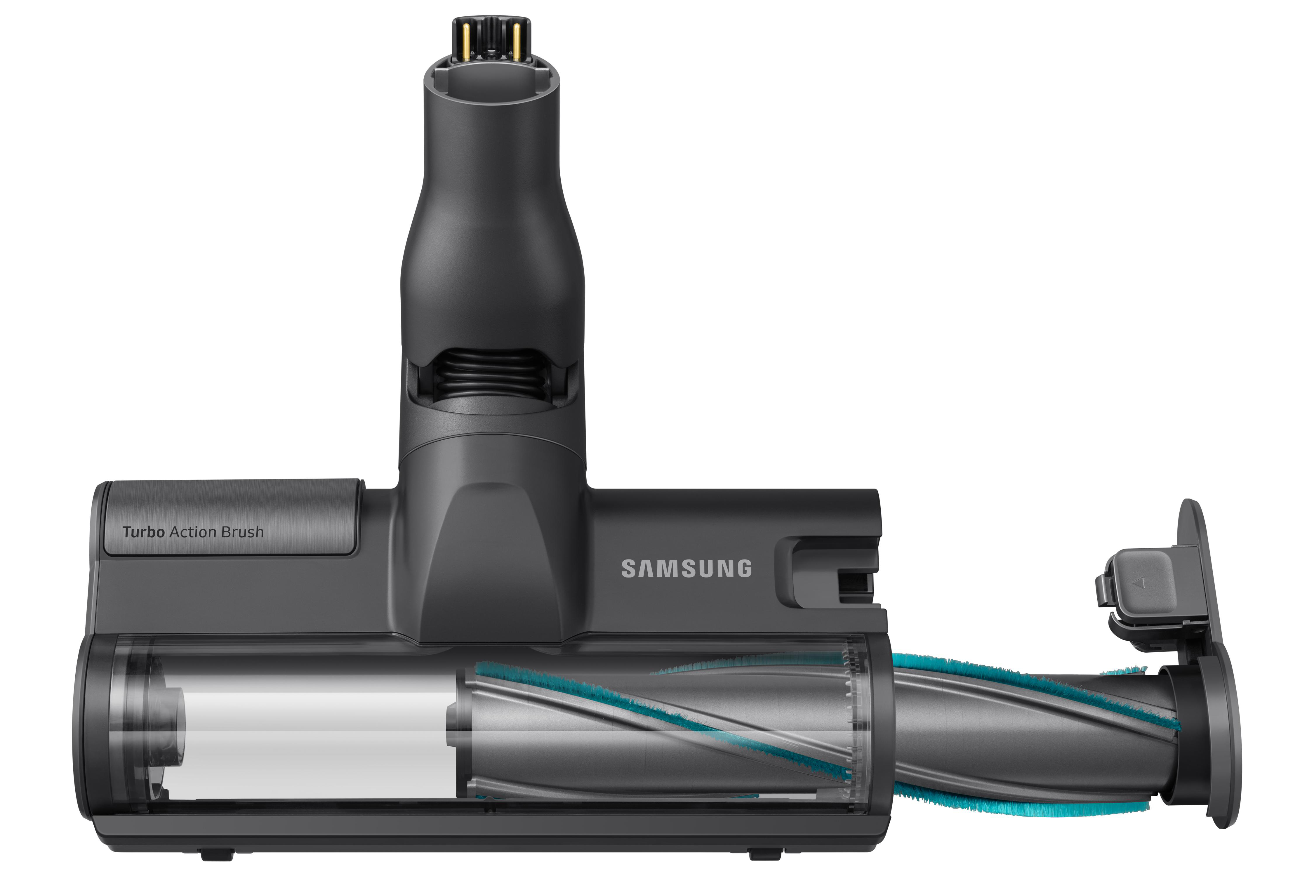 Staubsaugeraufsatz mit rotierender Bürste, transparentem Rohr und Samsung-Logo.