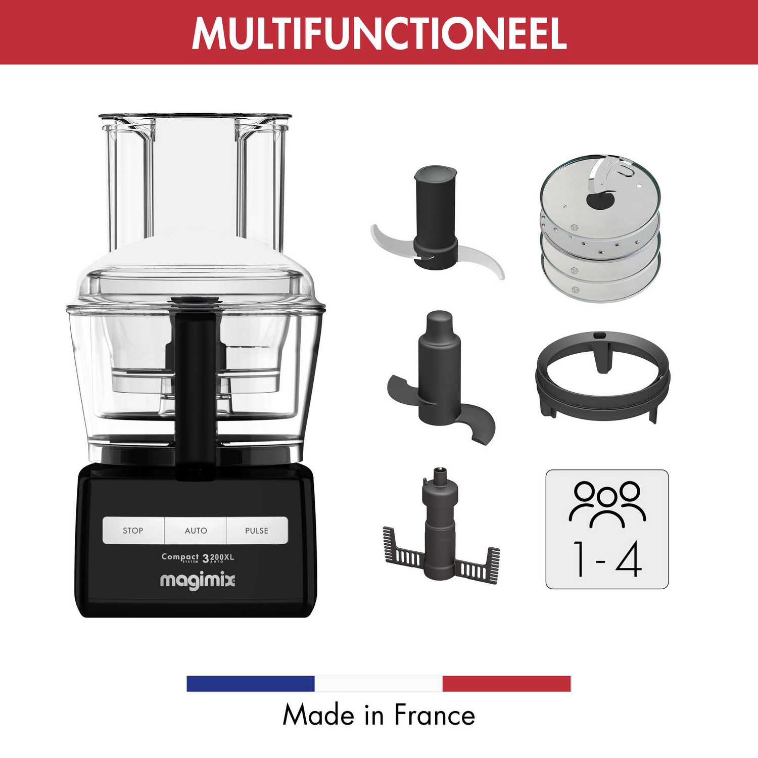 Food processor with multiple attachments. It shows the product and its components.