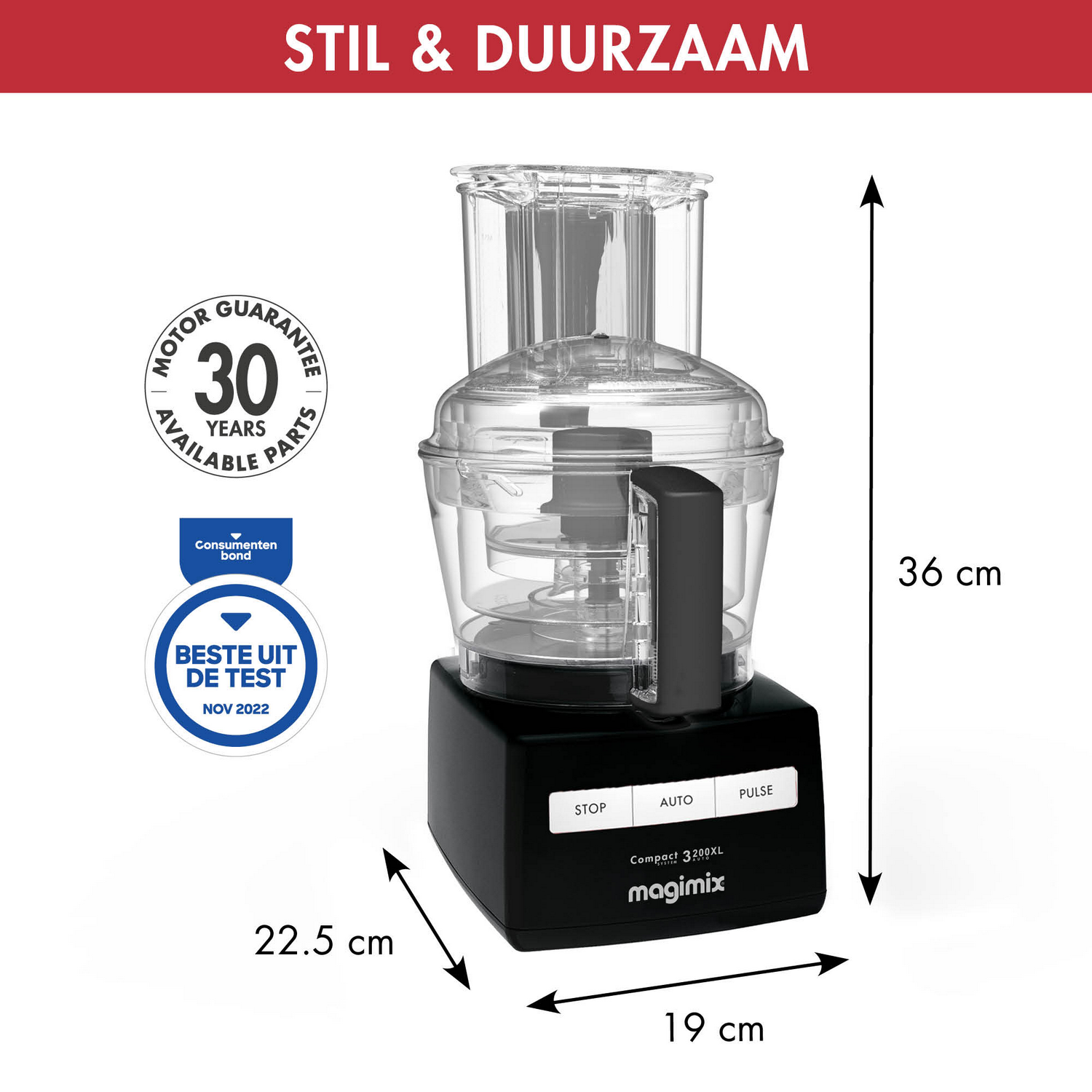 Black food processor with dimensions, and text 'STIL & DUURZAAM', on white.