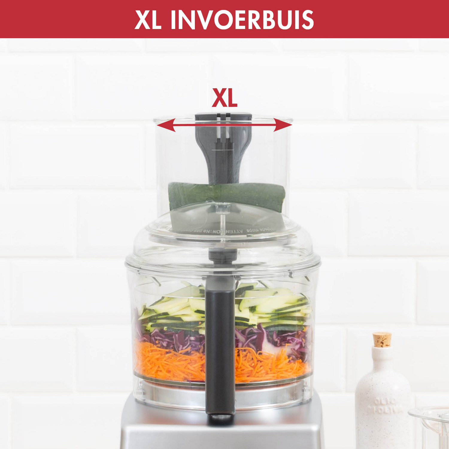 Food processor with a large opening for vegetables.