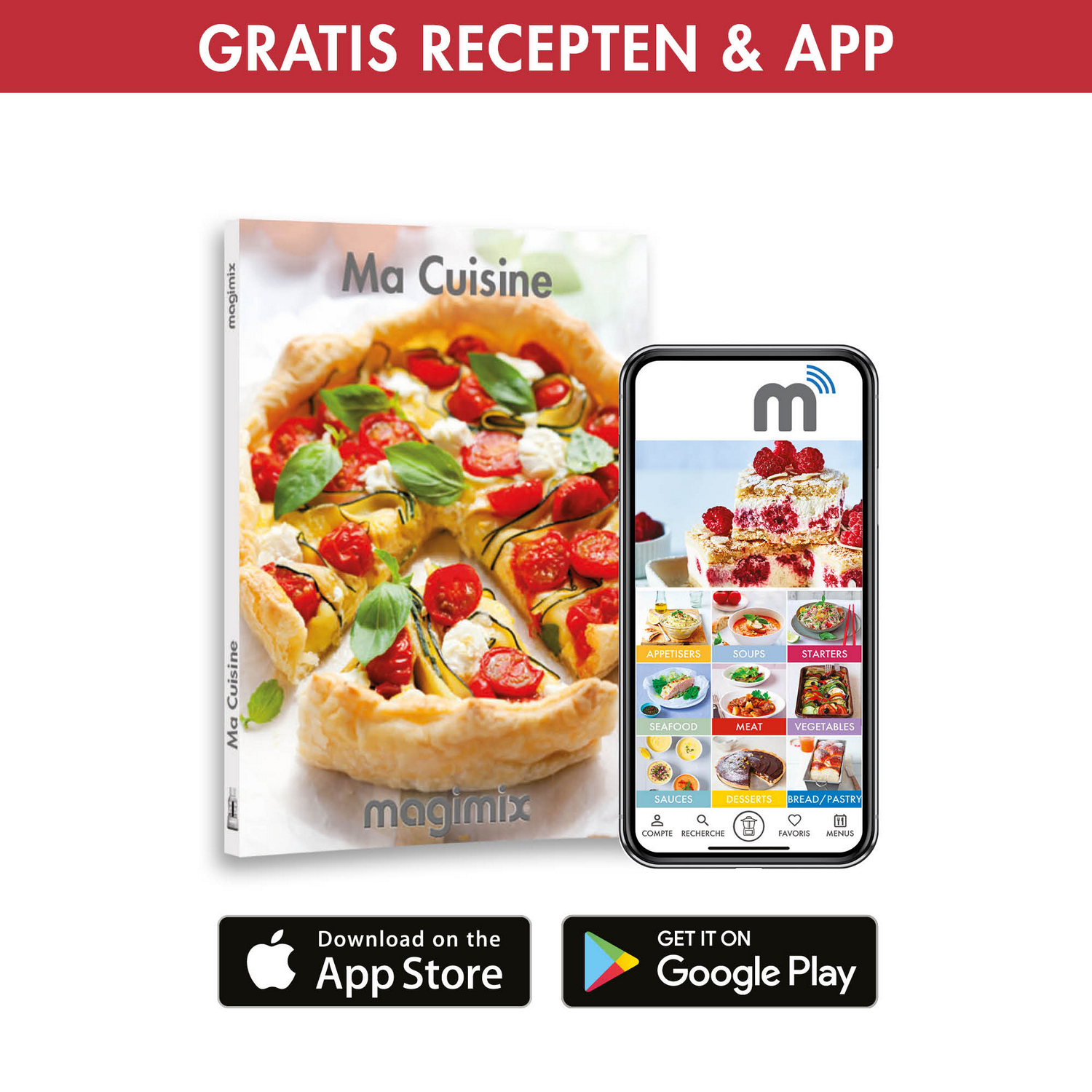 A cookbook and smartphone displaying a recipe app, with download icons below.