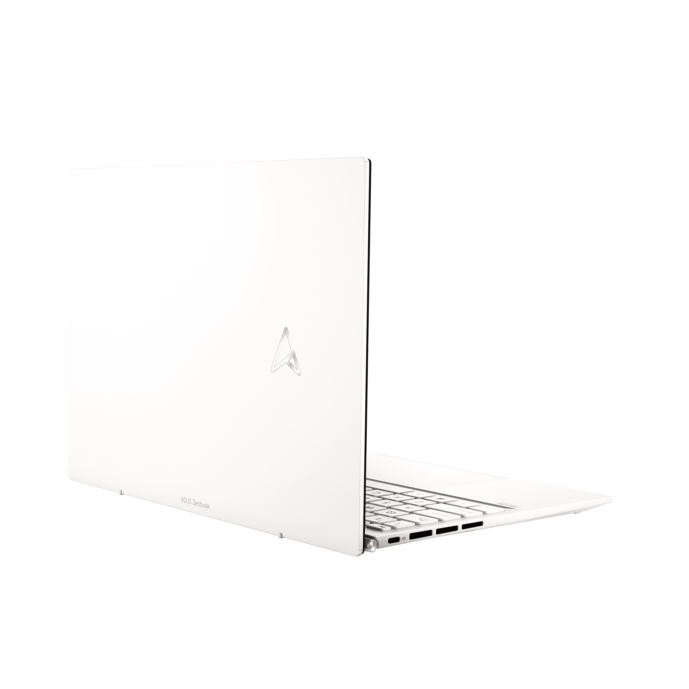 Laptop blanco abierto, mostrando teclado y pantalla. Logotipo de Asus en la parte trasera.