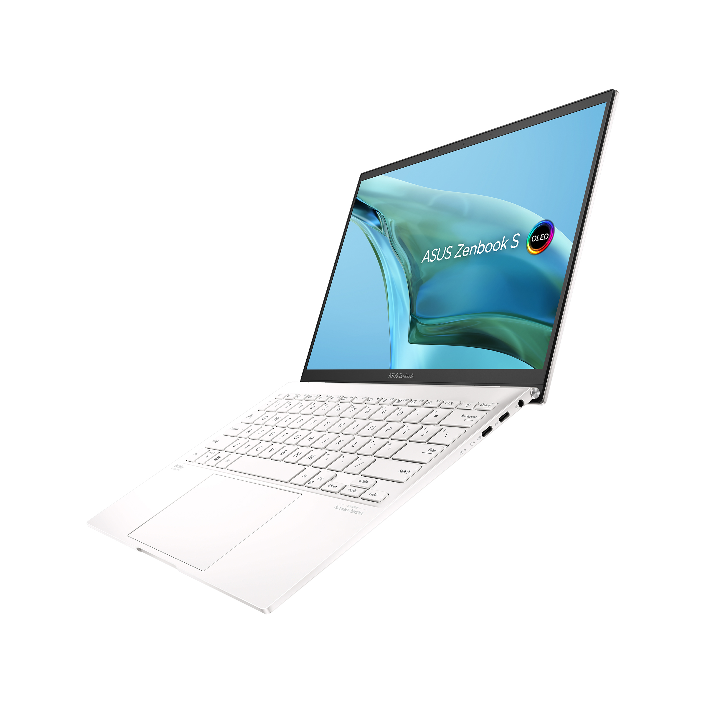 Un portátil ASUS Zenbook S blanco con pantalla azul y fondo blanco.