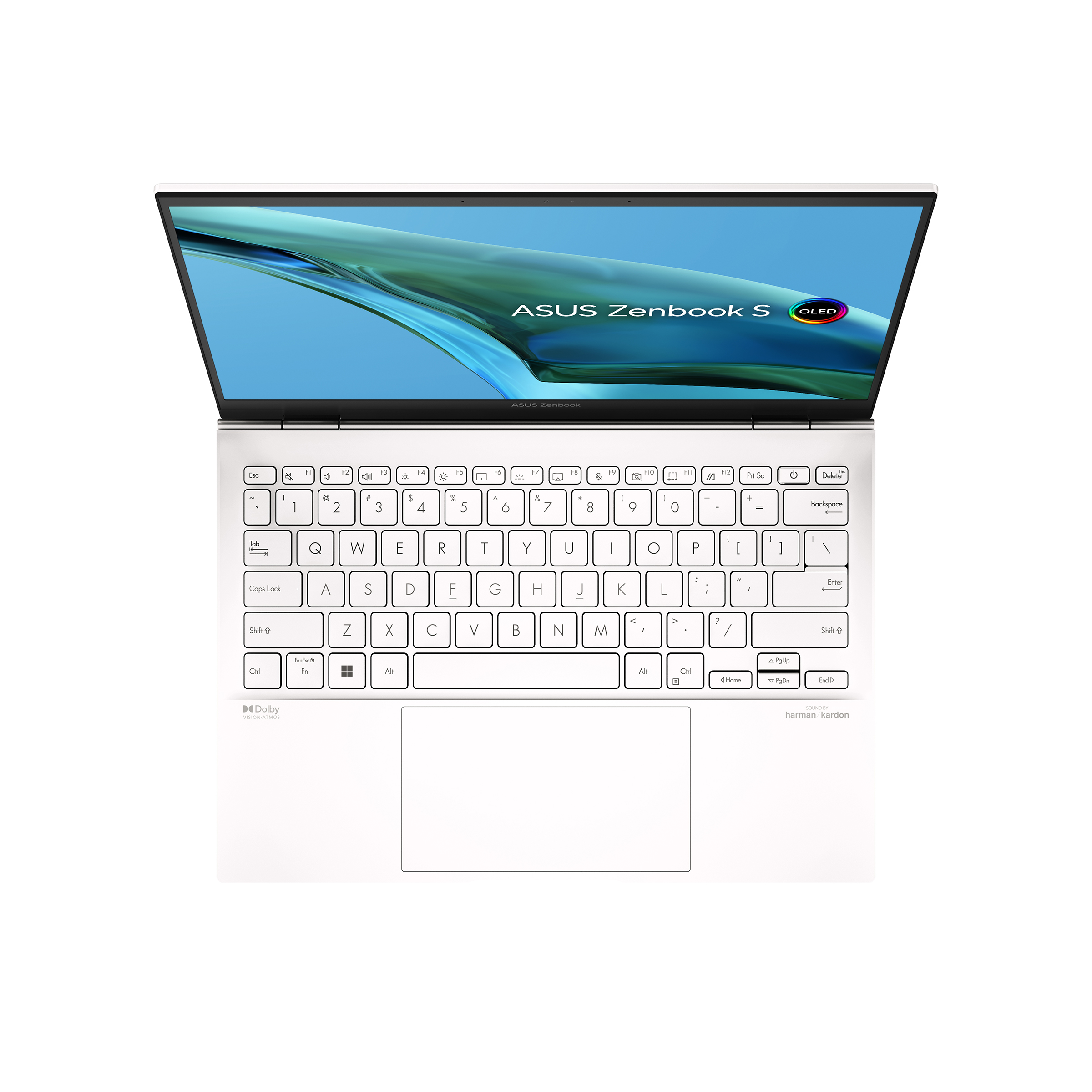 Vista superior de una laptop blanca con la pantalla abierta. La pantalla muestra el logotipo de ASUS Zenbook.
