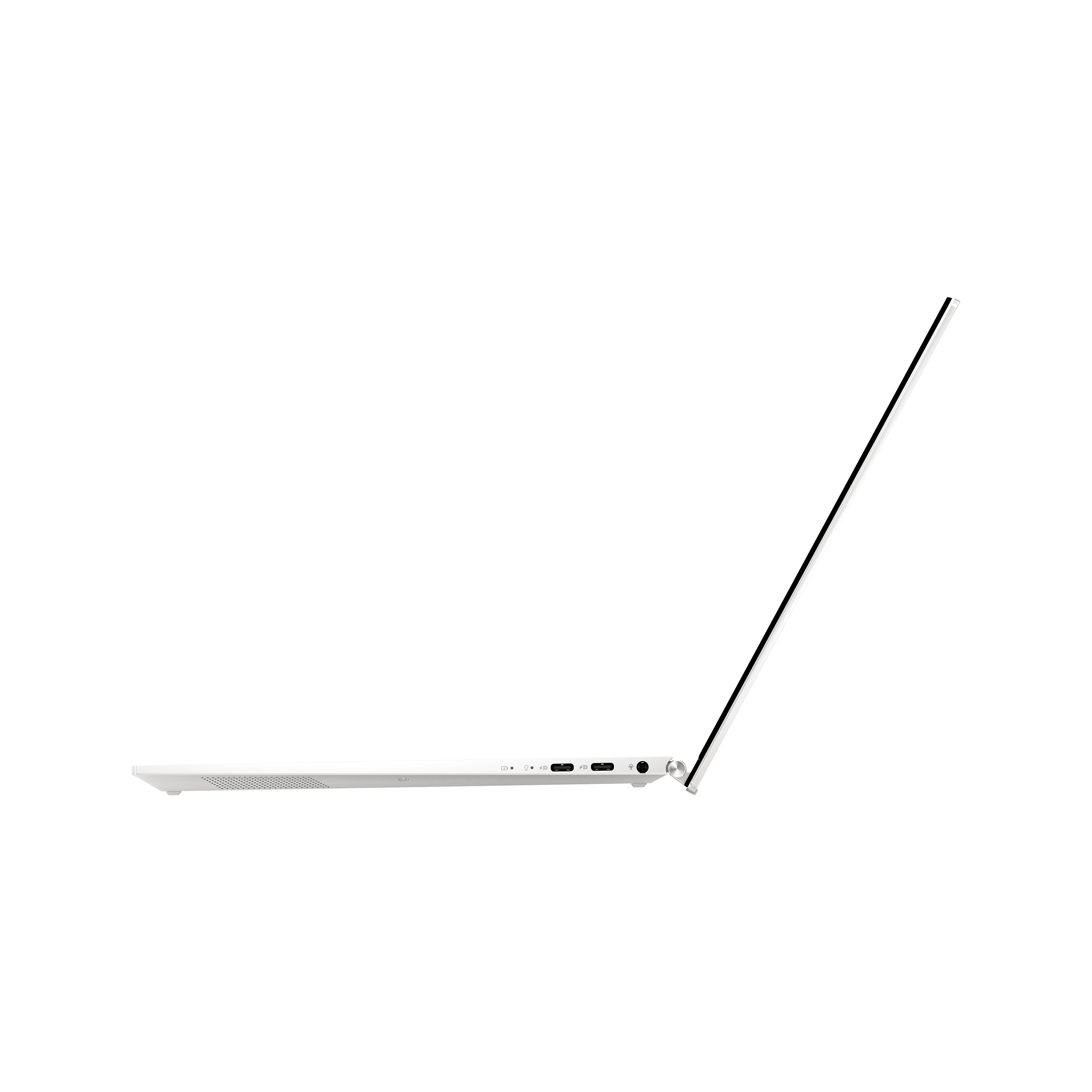 Una laptop blanca, abierta en ángulo desde el lateral, mostrando puertos.
