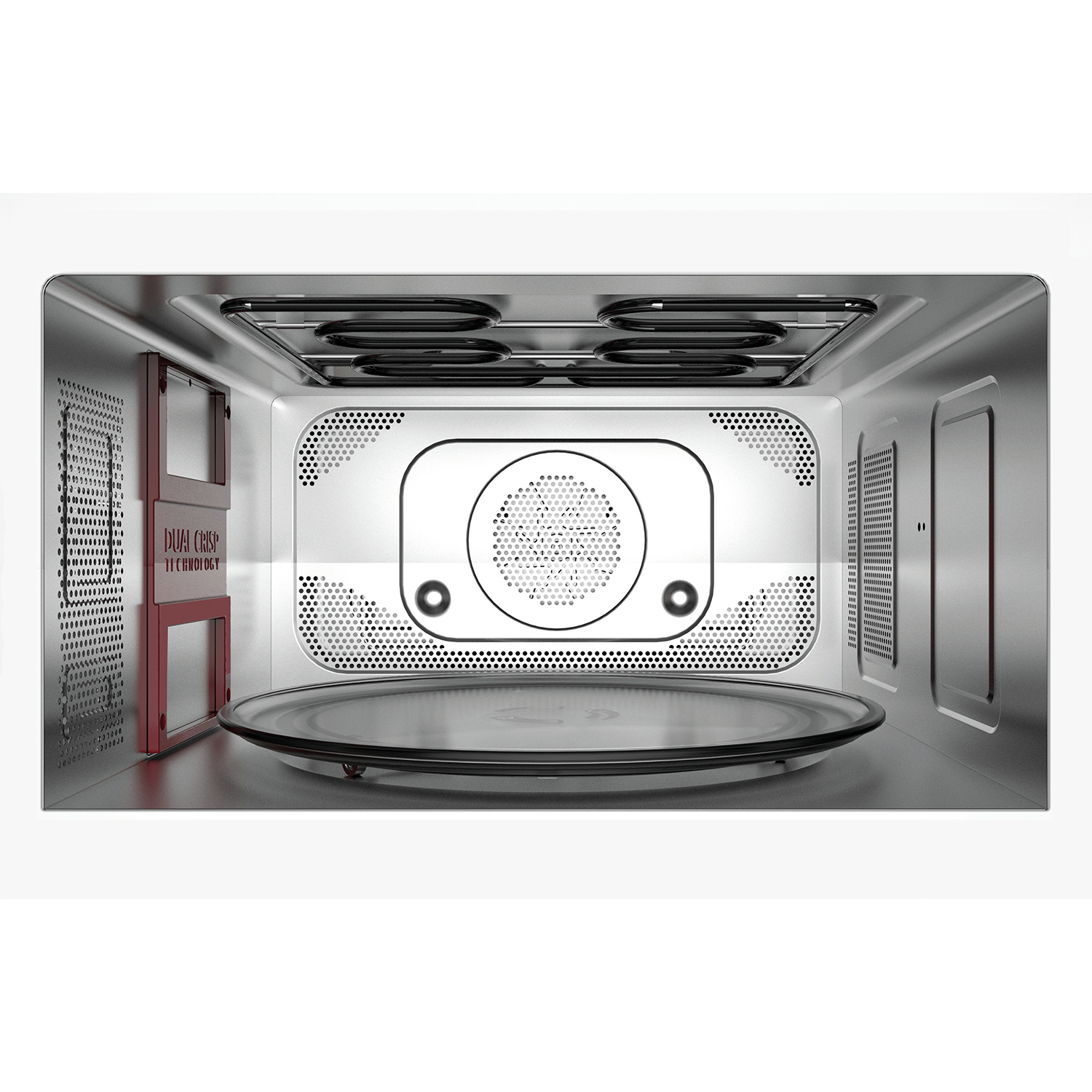 Interno di un forno a microonde. Un piatto di vetro è visibile e l'interno è metallico.