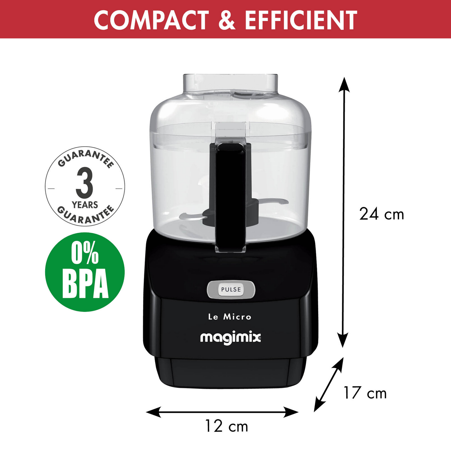 A black and white food processor with a clear bowl and the dimensions.
