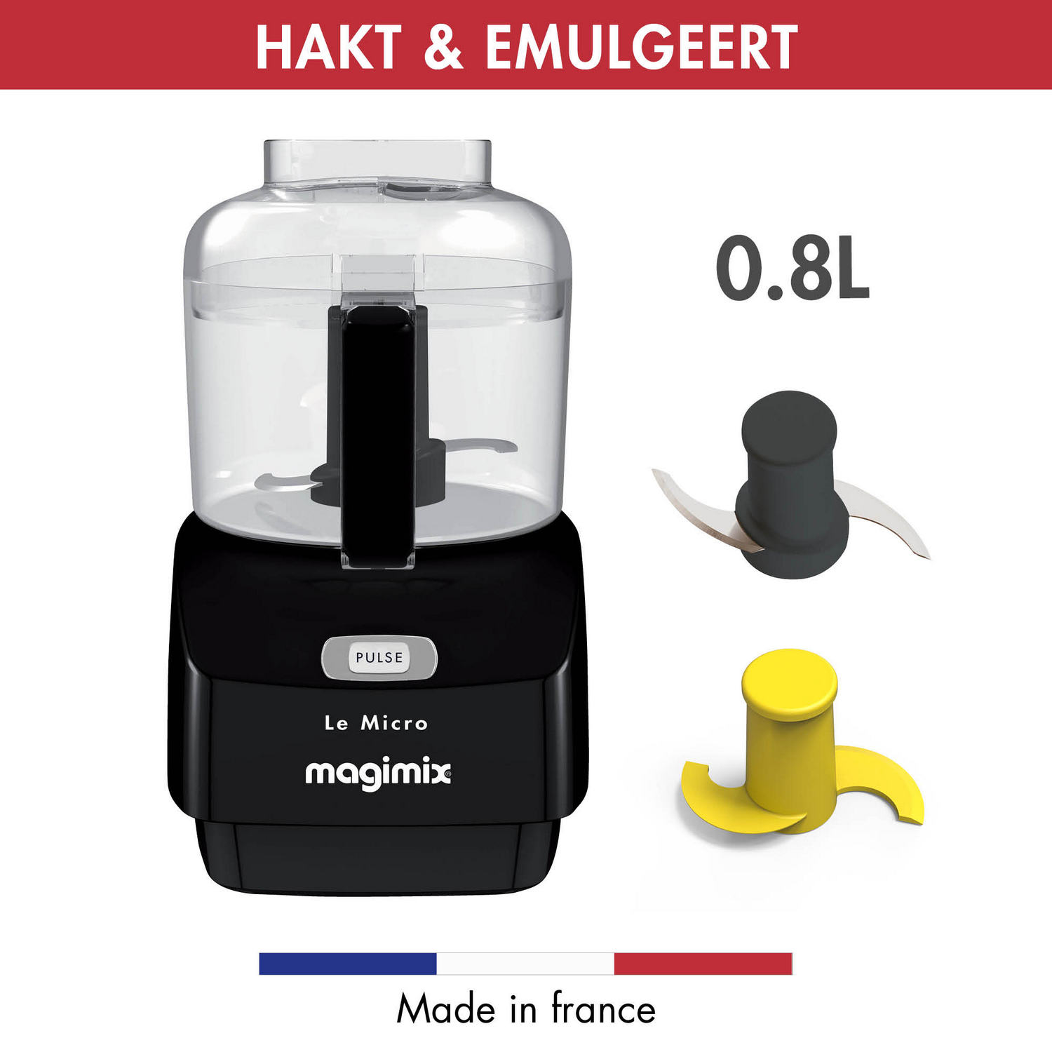 A black and white food processor with two blades and a yellow part on white background.
