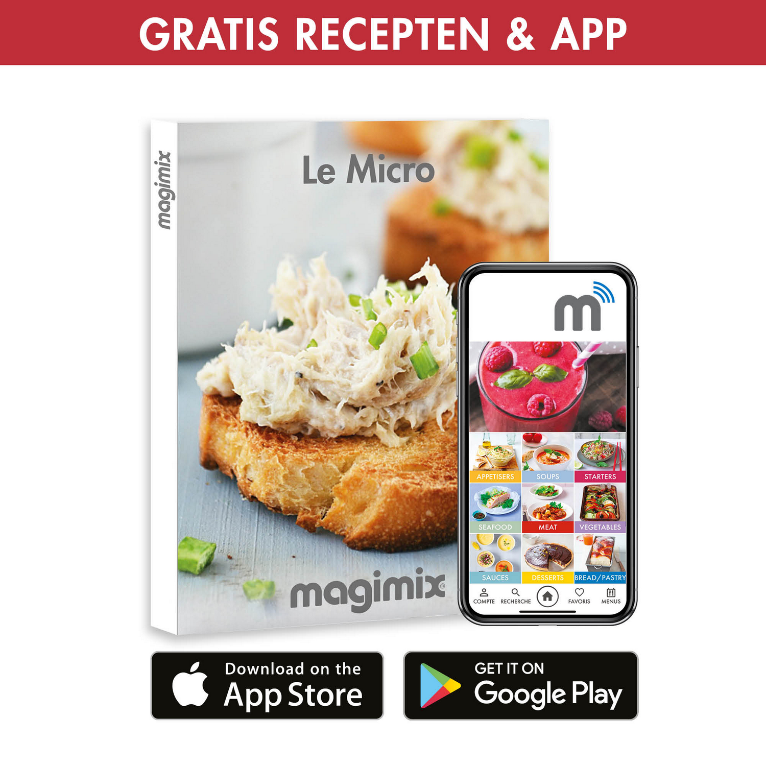 A cookbook and a smartphone screen showing a recipe app with food images.