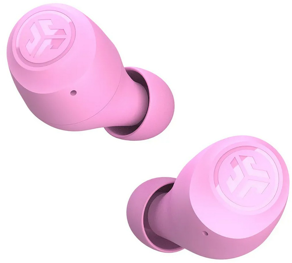Twee roze draadloze oordopjes met logo's op witte achtergrond.